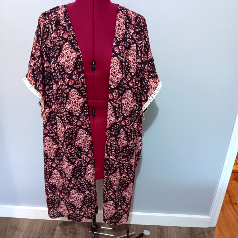 Boho Whimsigoth‎ Abstract Print Open Kimono or Cover-up Lace Trim Sleeves